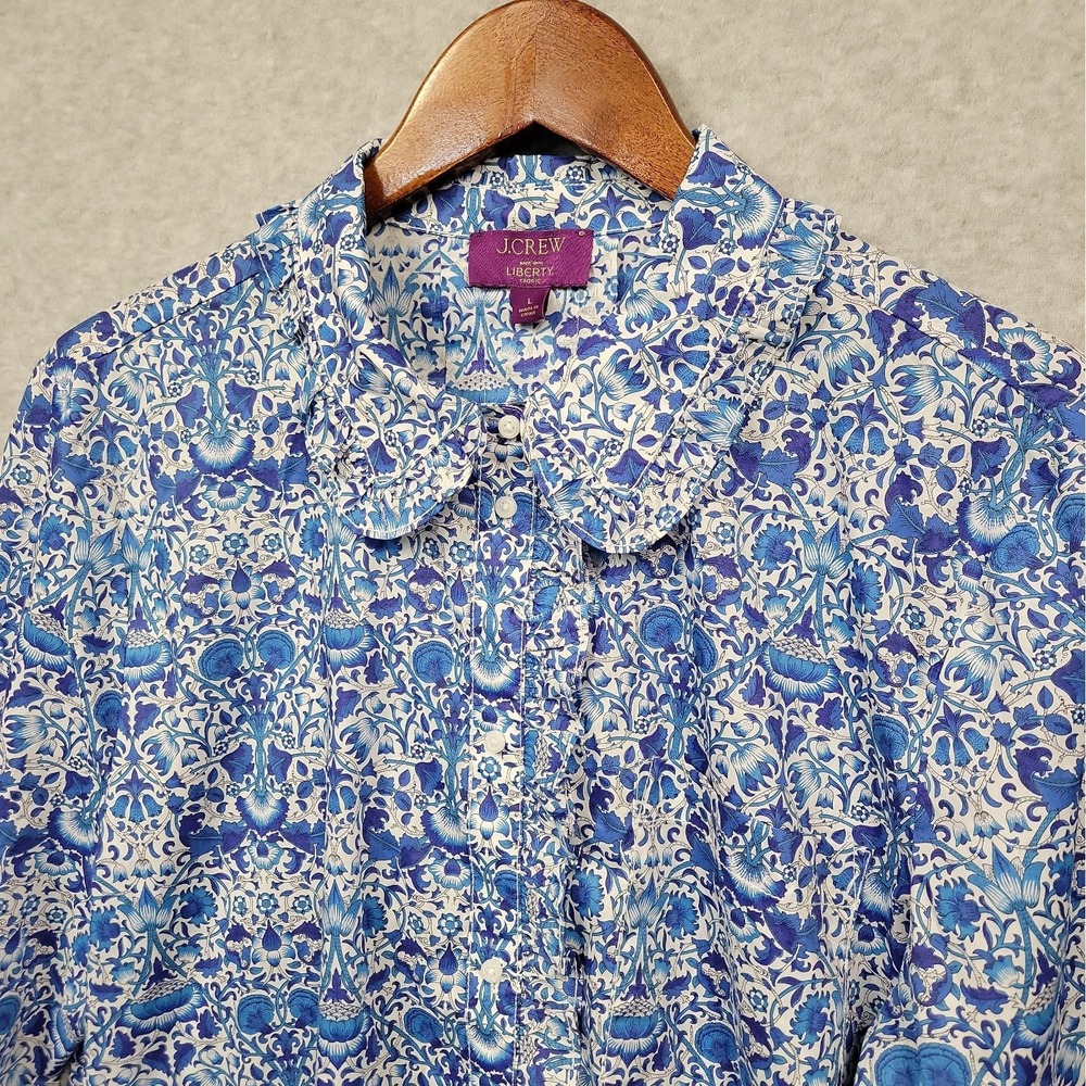 J.Crew x Liberty London Women's Sz L Ruffle Trim LS Button Up Shirt Blue Lodden